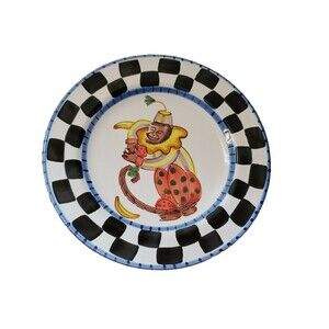 Anne Hathaway Present Tense Monkey Business Dinner Plate Black White Check Blue